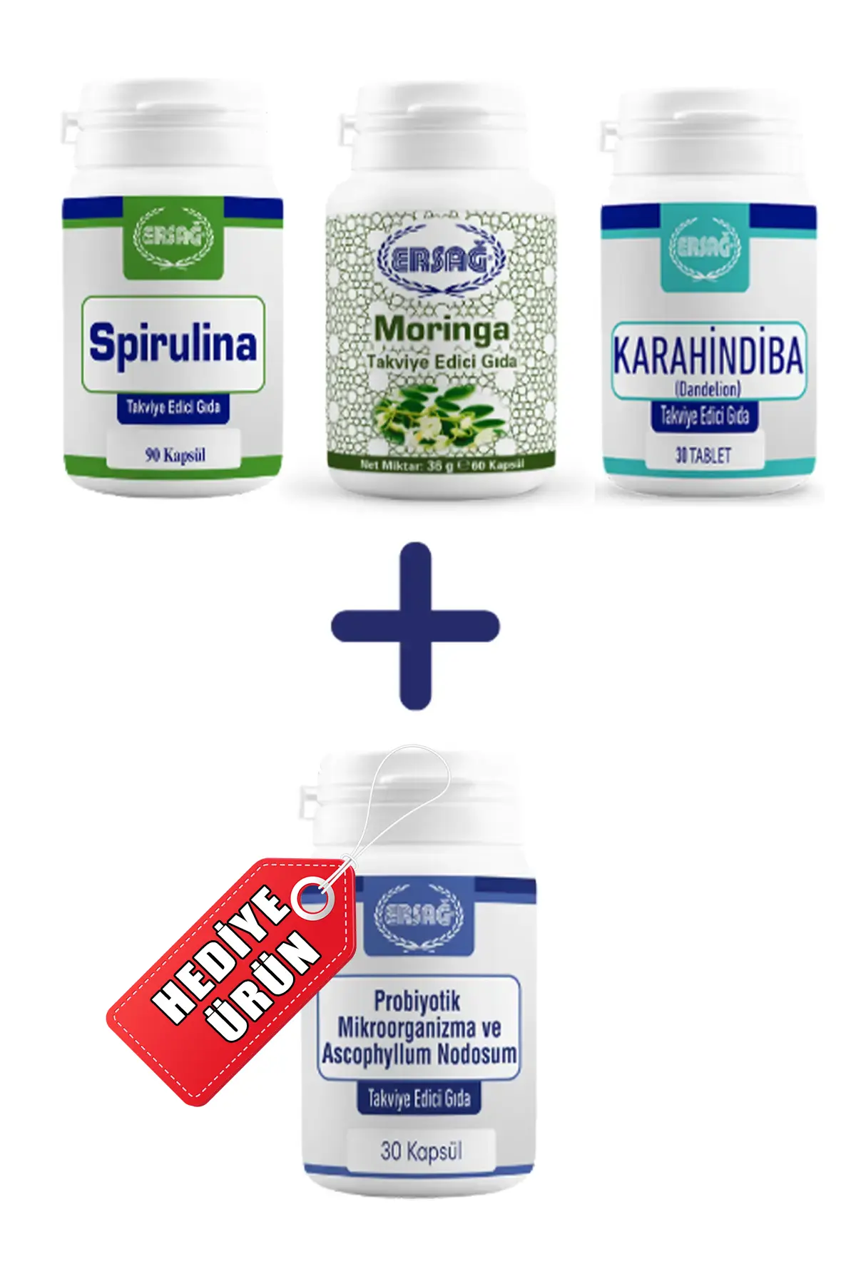 Ersağ Karahindiba (Dandelion) Tablet, Spirulina, Moringa Alana Probiyotik Mikroorganizma ve Ascophyllum Nodosum Hediye