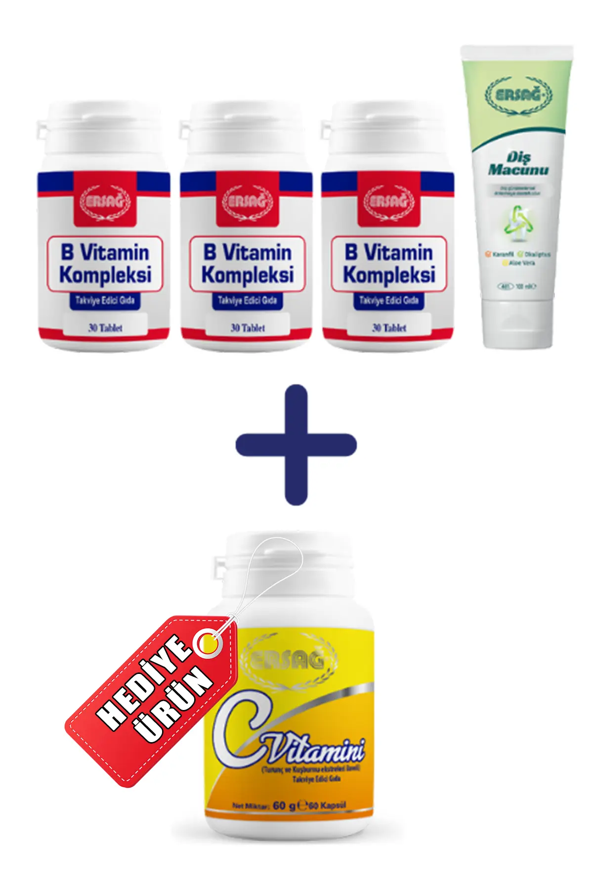 3 Adet B Vitamin Kompleksi + Diş Macunu (Karanfil, Okaliptüs, Aloe Vera) Alana C Vitamini Kapsül Hediye