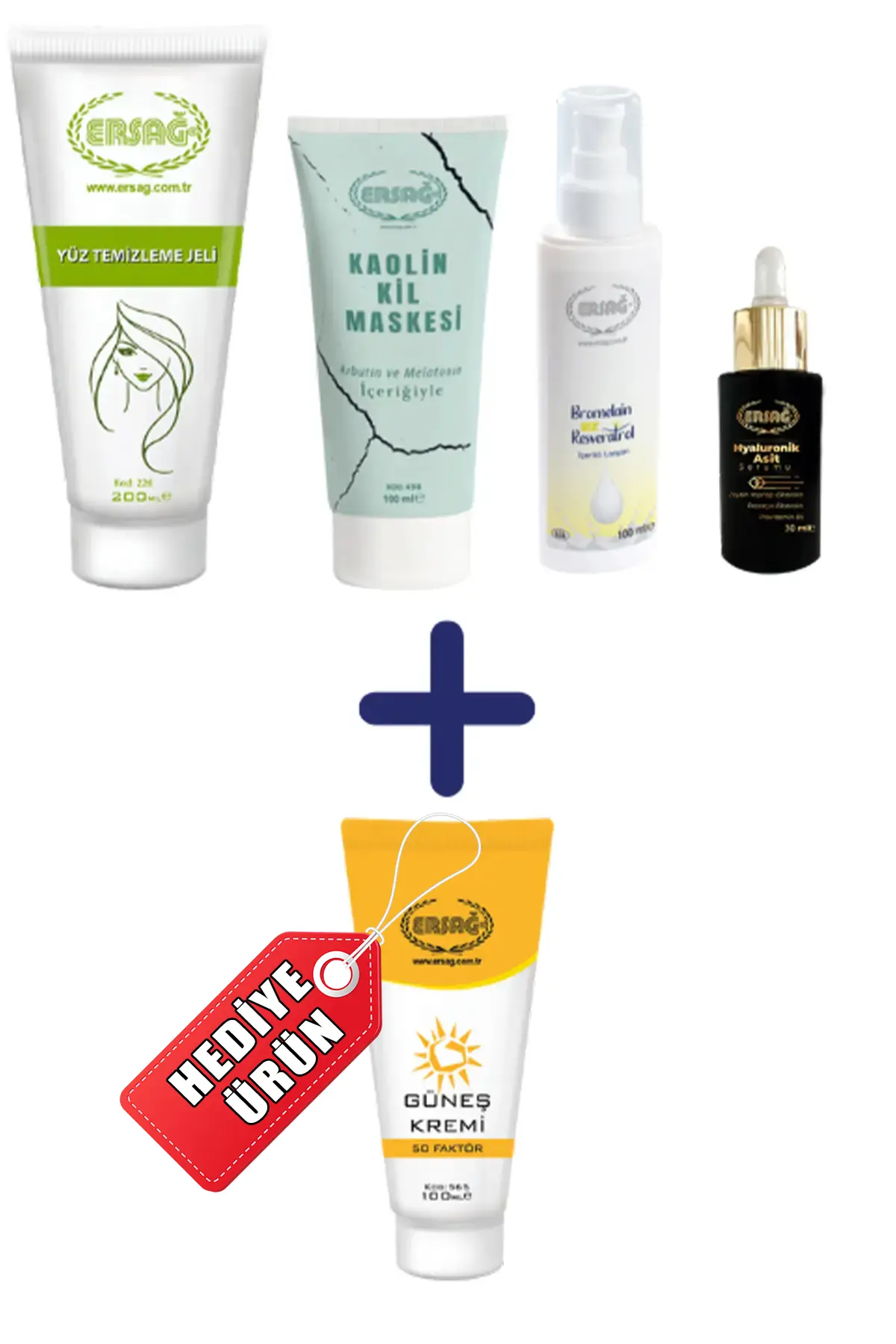 Kaolin Kil Maskesi 100 Ml, Bromelain Ve Resveratrol İçerikli Losyon, Hyaluronik Asit Serumu 30 Ml Ve Yüz Temizleme Jeli 200 Ml Alana Güneş Kremi 50 Faktörlü 100 Ml. Hediye