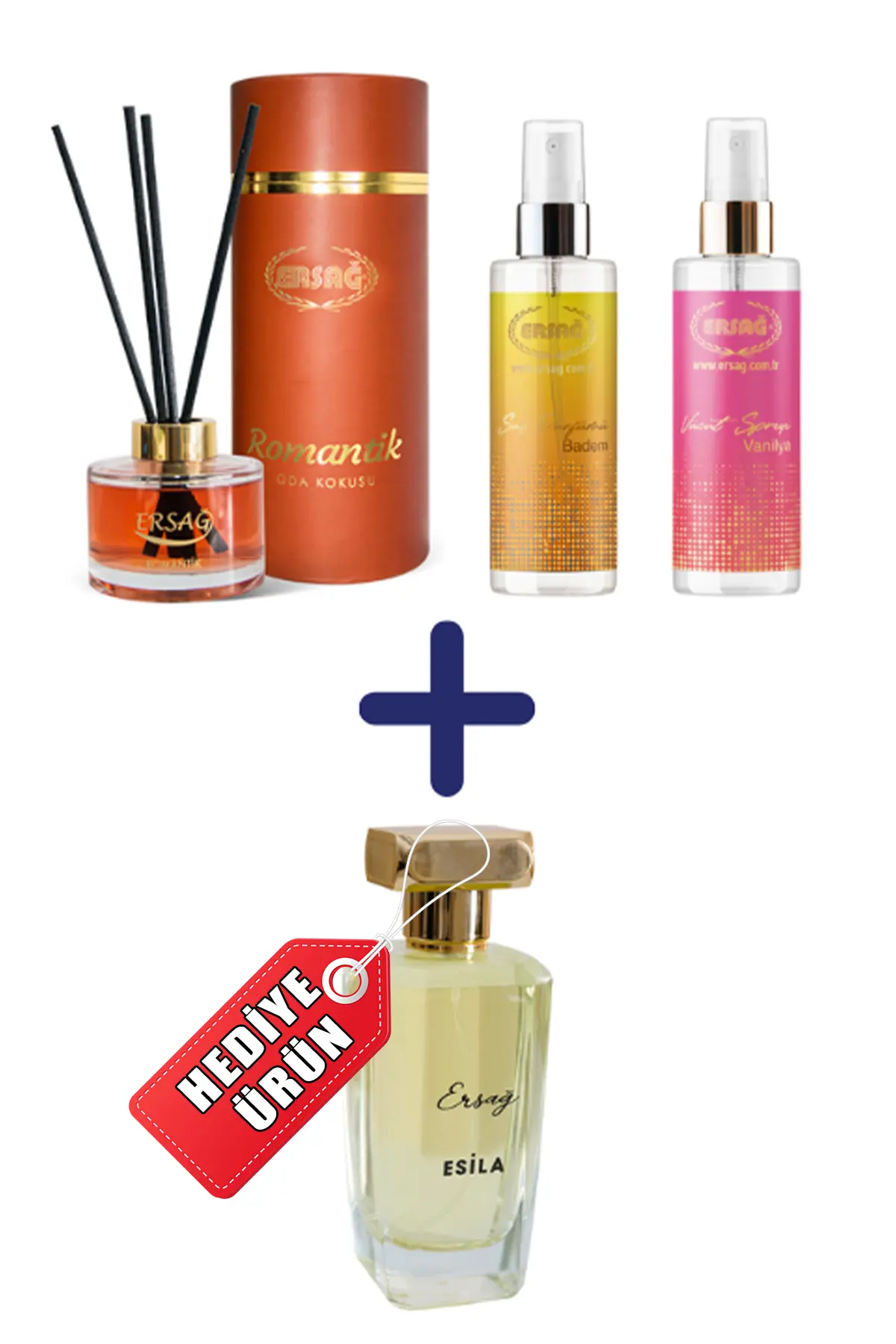 Vücut Spreyi Vanilya 200 ML, Saç Parfümü Badem 200 ML ve Oda Kokusu Romantik 150 ML Alana Esila EDP Bayan Parfümü 100 CC Hediye